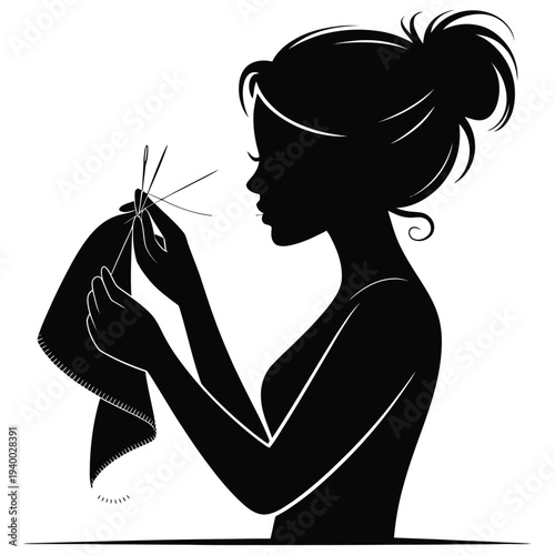 Woman sewing with needle and thread silhouette illustration representing handmade craft hobby creative tailoring textile design dressmaking