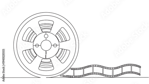 Film reel with flowing black and white film strip, iconic cinema symbol, isolated on white background
