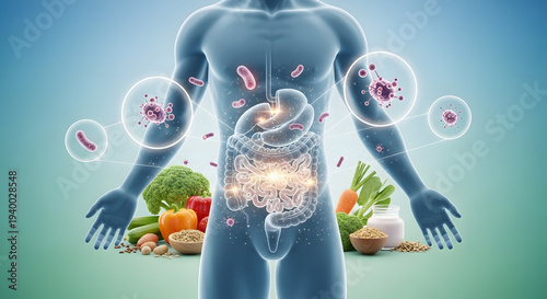 A medical and nutritional concept illustration showing a transparent human body with the human digestive system to illustrate the importance of nutrition in maintaining gut health.