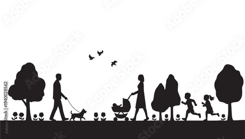 Family silhouette with children, baby in stroller, and dog walking in a park with trees, flowers, and birds flying overhead.