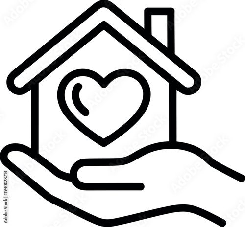 A hand holding a house with a heart symbol inside
