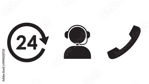 Icons representing 24 hour service, a customer service representative with headset, and a phone handset