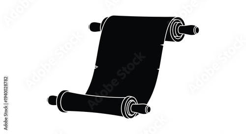 A striking black silhouette depicts a partially unrolled ancient scroll with decorative elements at each end silhouette