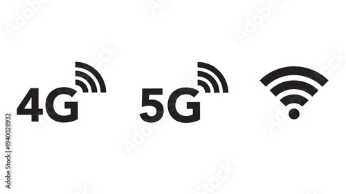 Icons for 4G, 5G, and Wi-Fi network signals presented in a simple black and white graphic representation for technology and connectivity concepts.
