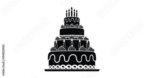 A detailed multi tiered birthday cake illustration with lit candles presented as a striking black silhouette high quality professional