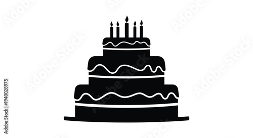 A striking black silhouette depicts a tiered birthday cake adorned with lit candles on top silhouette high quality