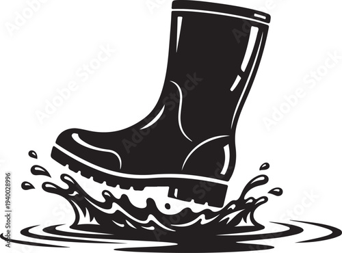 Black Rubber Boot Splashing in Water Puddle Silhouette Illustration