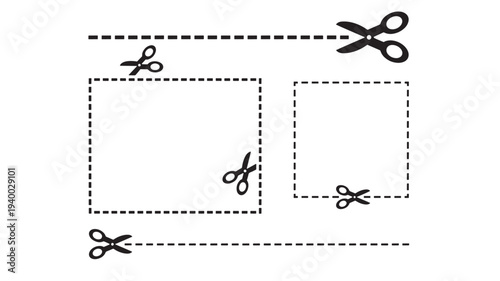 Scissors icon and dashed lines with cut out sections for graphic design elements and coupons on a white background