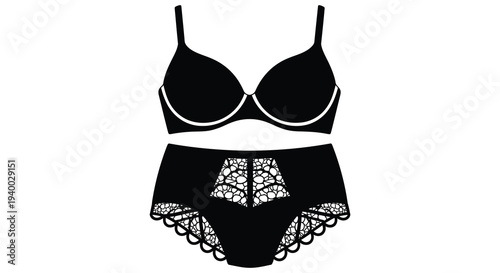 A striking black lingerie set including a bra and high waisted bottoms is presented as a bold silhouette