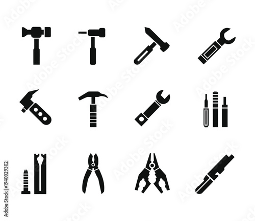 Black Silhouette Hand Tools Icons – Vector Set of Hammer, Wrench, Pliers, Screwdriver, Mallet, Drill Bits and More