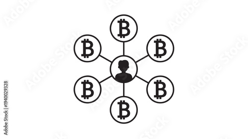 Bitcoin network connection with central person icon and interconnected cryptocurrency symbols in black and white graphic illustration.