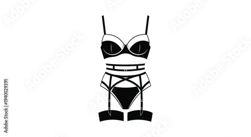 A stark black silhouette depicts a detailed lingerie set including a bra and garter belt against a white background silhouette