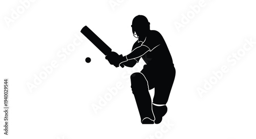 A dynamic depiction of a cricketer in mid swing poised to strike the ball with intense focus a silhouette