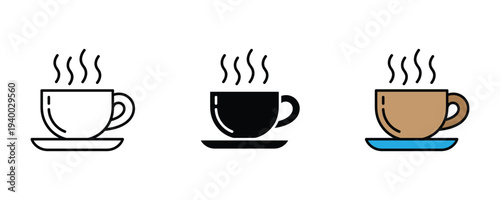 Hot coffee cup icon set. Steaming tea or coffee mug on a saucer symbol. Vector Illustration.
