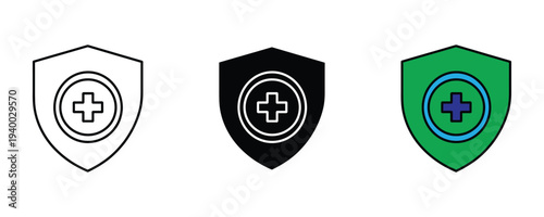 Medical shield and health insurance icon set. Protection shield with medical cross symbol. Vector Illustration.
