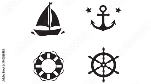 Nautical icon set including a sailboat, anchor with stars, lifebuoy, and ship's wheel on a white background.