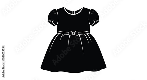 A stark black silhouette of a vintage style dress with puffed sleeves and a belted waistline silhouette high quality