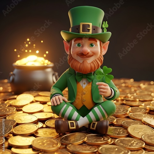Leprechaun sitting on gold coins with shamrock and pot of gold