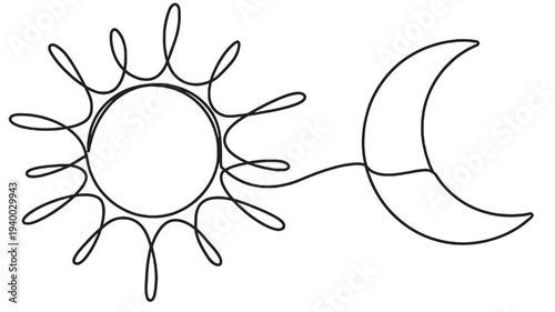 Sun and crescent moon one-line drawing with flowing radiant rays and elegant curves, representing duality and celestial harmony.