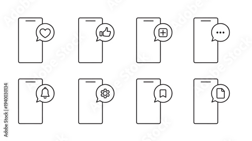 Mobile phone icons set with social media notification bubbles, like, add, chat, bell, settings, bookmark, and document icons.