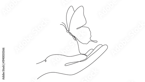 Butterfly landing on an open hand, illustrated in a simple, continuous black line style on a white background.