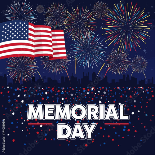 Vibrant Patriotic Celebration for Remembrance Day, Featuring Spectacular Fireworks Display and Waving American Banner Above a City Skyline