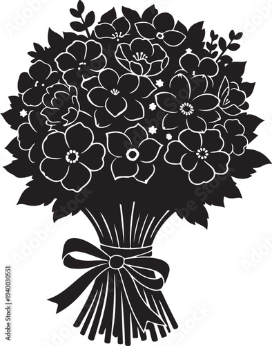 Bouquet of flowers with a ribbon tied around stem