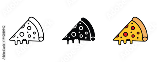 Pizza slice with melting cheese icon set. Italian fast food and snack symbol. Vector Illustration.