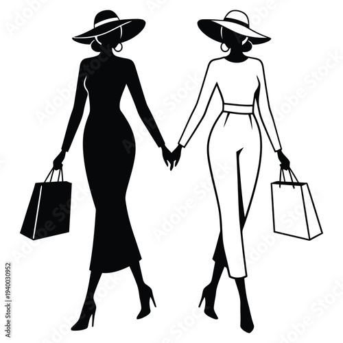 Two stylish women walking together with shopping bags