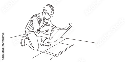 continuous line drawing of construction worker looking at blueprint  line art vector illustration.