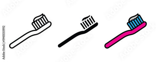 Toothbrush with toothpaste icon set. Dental hygiene and oral care symbol. Vector Illustration.