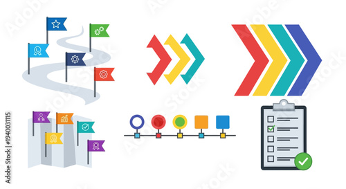 Colorful business strategy flowchart symbols.