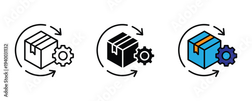 Logistics and product processing icon set. Shipping box with gear and circular arrows symbol. Vector Illustration.