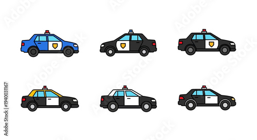 Police cars in different colors and styles.