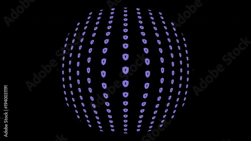 Abstract Cyber Security Sphere Morphing Animation Eye to Shield Concept. Abstract motion graphic animation featuring a 3D sphere made of purple icons on a black background.