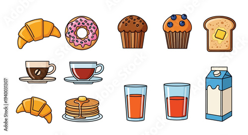 Assorted breakfast foods and drinks.