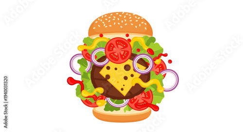 Delicious hamburger with cheese and vegetables.