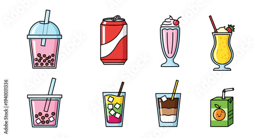 Colorful drinks and beverage icons set.
