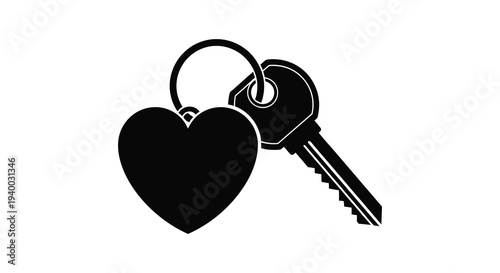 A black silhouette displays a key attached to a heart shaped charm symbolizing love and access silhouette high quality