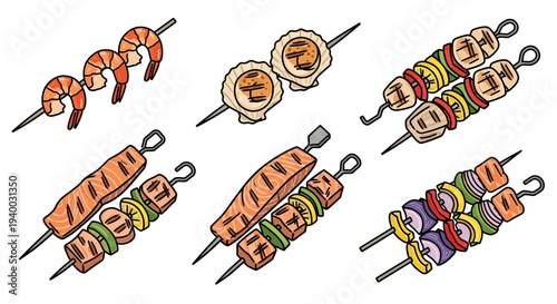 Colorful kebabs on metal skewers.