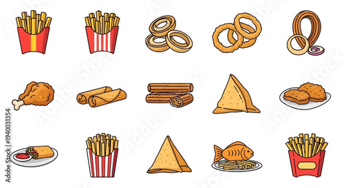 Variety of fried food items displayed.