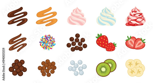 Colorful dessert toppings and fruits.