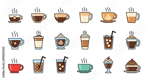 Colorful variety of coffee drinks.