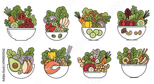 Variety of colorful vegetable bowls.