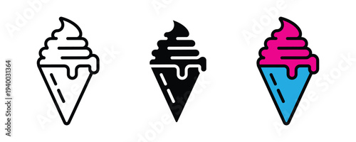 Soft serve ice cream cone icon set. Sweet dessert and summer treat symbol. Vector Illustration.