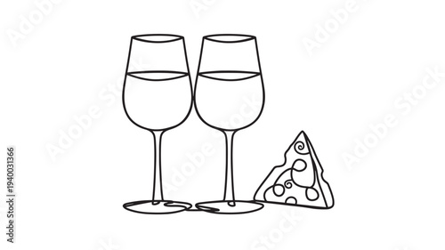 Glasses wine with cheese slice icon on white background, simple line art featuring drink, alcohol, beverage with food and celebration elements for