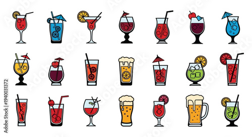 Variety of colorful cocktail drinks.