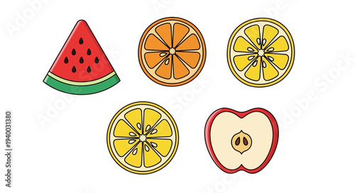 Colorful sliced fruit icons on white.