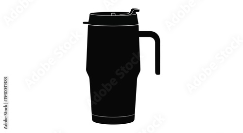 A sleek black travel mug with a lid and handle is presented in a stark minimalist silhouette