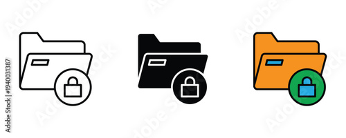 Locked folder and private data protection icon set. File folder with padlock security symbol. Vector Illustration.